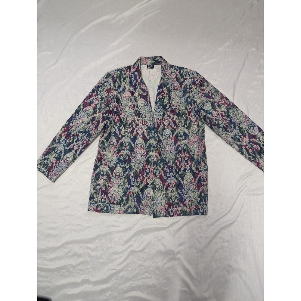 Vtg USA Floral Brocade Colorful Single Button Blazer Green Blue Purple Granny